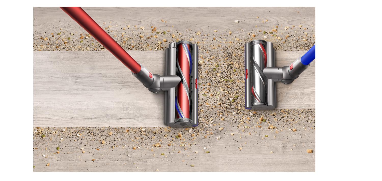 Dyson Outsize cleaner head opposite the smaller Dyson V15 cleaner head